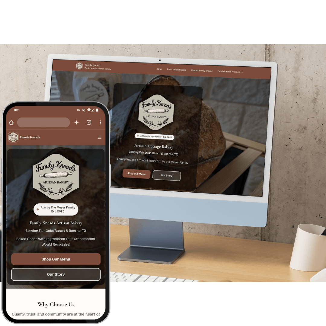 Family Kneads Artisan Bakery website shown on mobile device